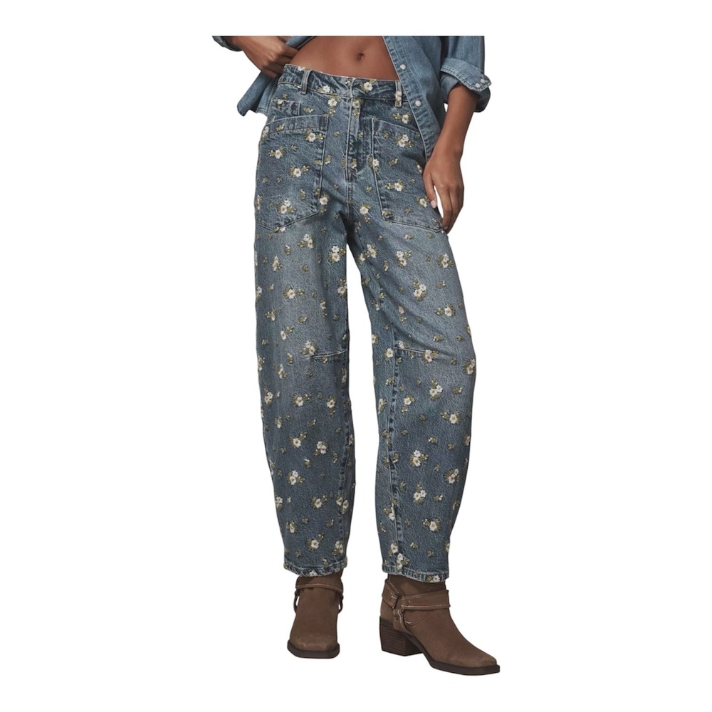 Floral Embroidered Utility Barrel Jeans Vintage Wash Blue Size 28/6 NEW